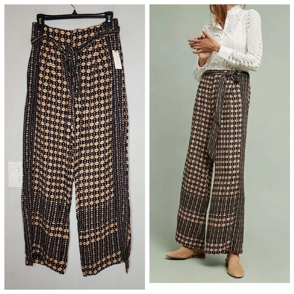 NWT Anthropologie Metzner Wide Leg Trousers Ett:twa Size 4 Geometric Belted